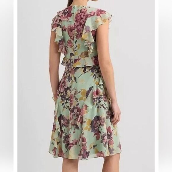 Lauren Ralph Lauren Green/purple Floral Ruffle Georgette Dress Size 6P NWT - Picture 2 of 5